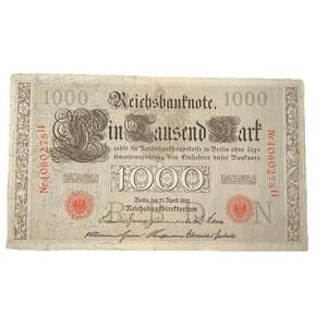 Authentic Rare 1910 Germany 1000 Mark Bank Note with RED SEAL - WWI Bill